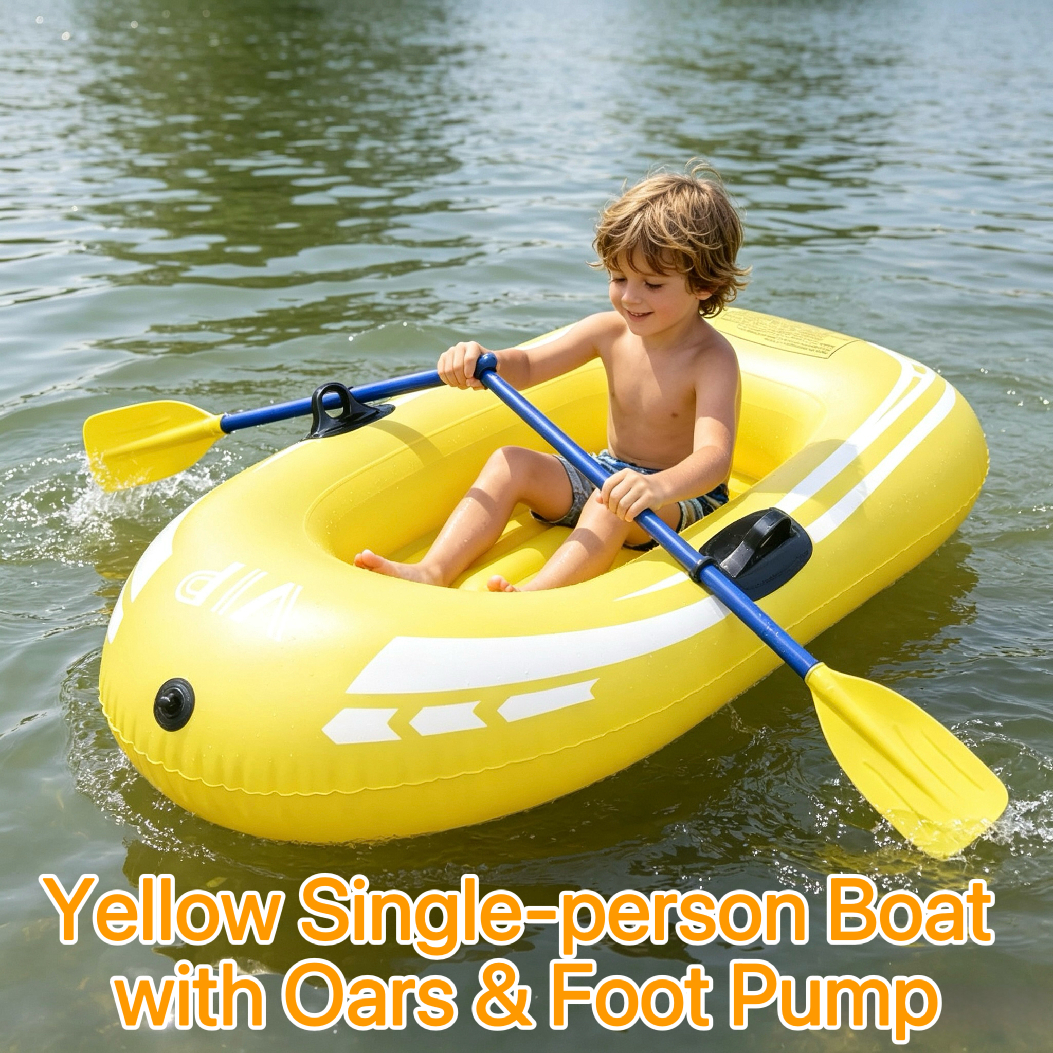 Yellow-single-person boat with oars and foot pump