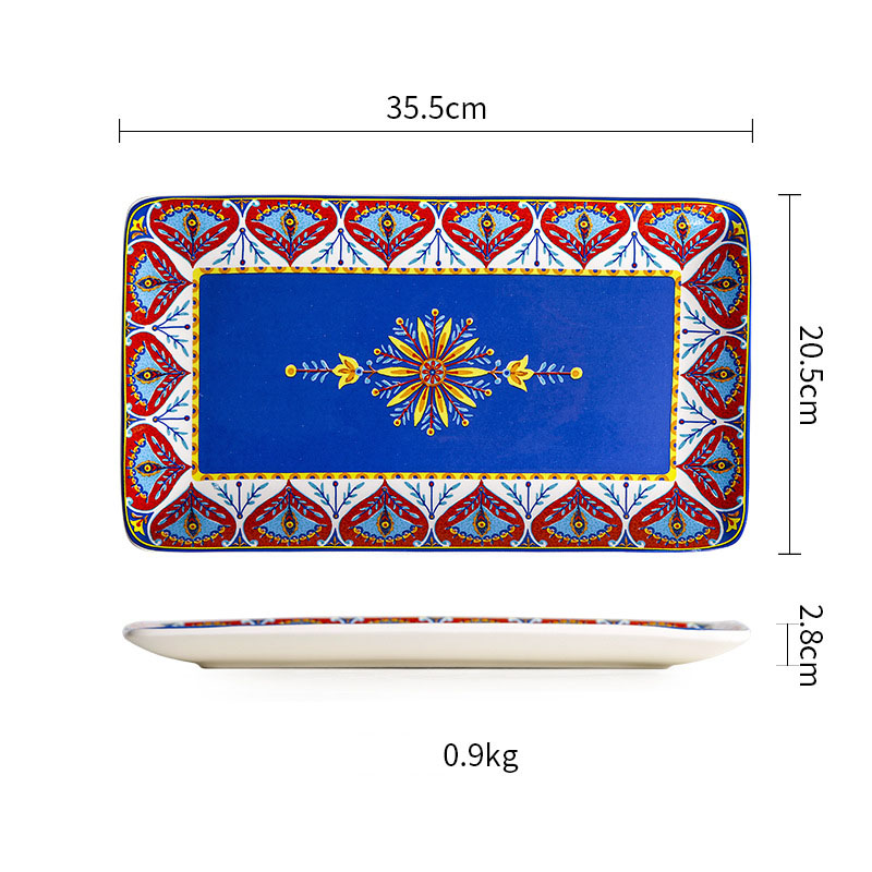 Grande assiette rectangulaire bleue de 14 pouces