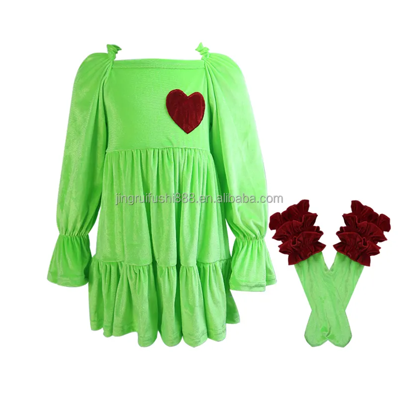 Boutique Robe de Noël pour bébés filles Ensemble robe de princesse en velours vert avec chaussettes à volants assorties