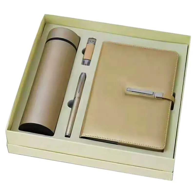 Hoge Kwaliteit Klassieke 4 Stuks Lederen Notebook Dagboek Cadeau Set Waterfles Usb Drive Pen-Aangepaste Logo Bruiloft Cadeau Set