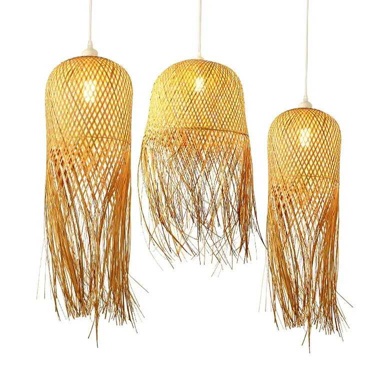 Venta directa de fábrica de pantallas de borla de alta calidad, candelabros de bambú tejidos a mano naturales