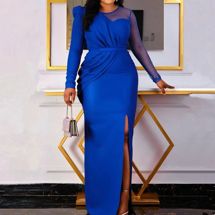 Vestido de fiesta Formal de manga larga para mujer, vestido de fiesta azul de talla grande