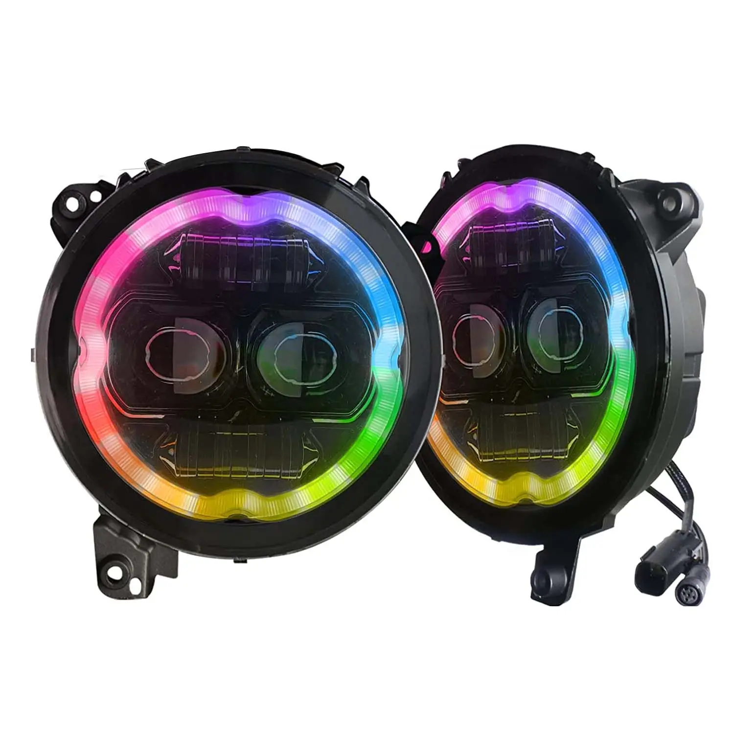 Đèn Pha Mắt Thiên Thần LED 9 Inch Có Điều Khiển Răng Xanh Đèn Chạy Ban Ngày RGB Halo Cho Xe JEEP JL/JT