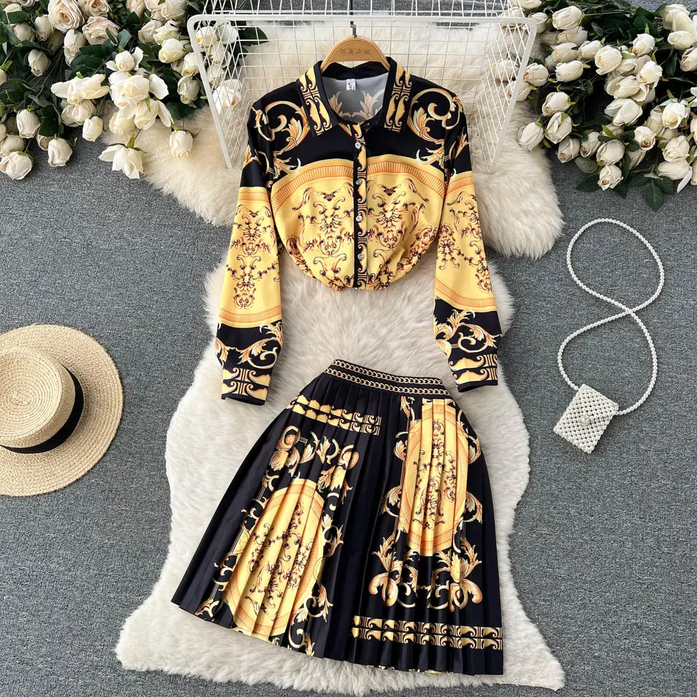 LE2122 Set 2 potong kemeja wanita lengan panjang, Atasan kemeja motif mewah modis + rok Mini lipit bergaya Vintage musim semi musim gugur untuk pesta