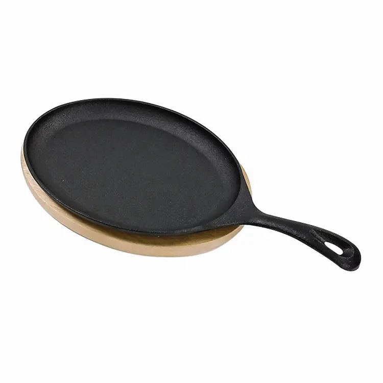 Placa de ferro fundido para churrasco, grelha friada para churrasco, bife oval, placa com base de madeira