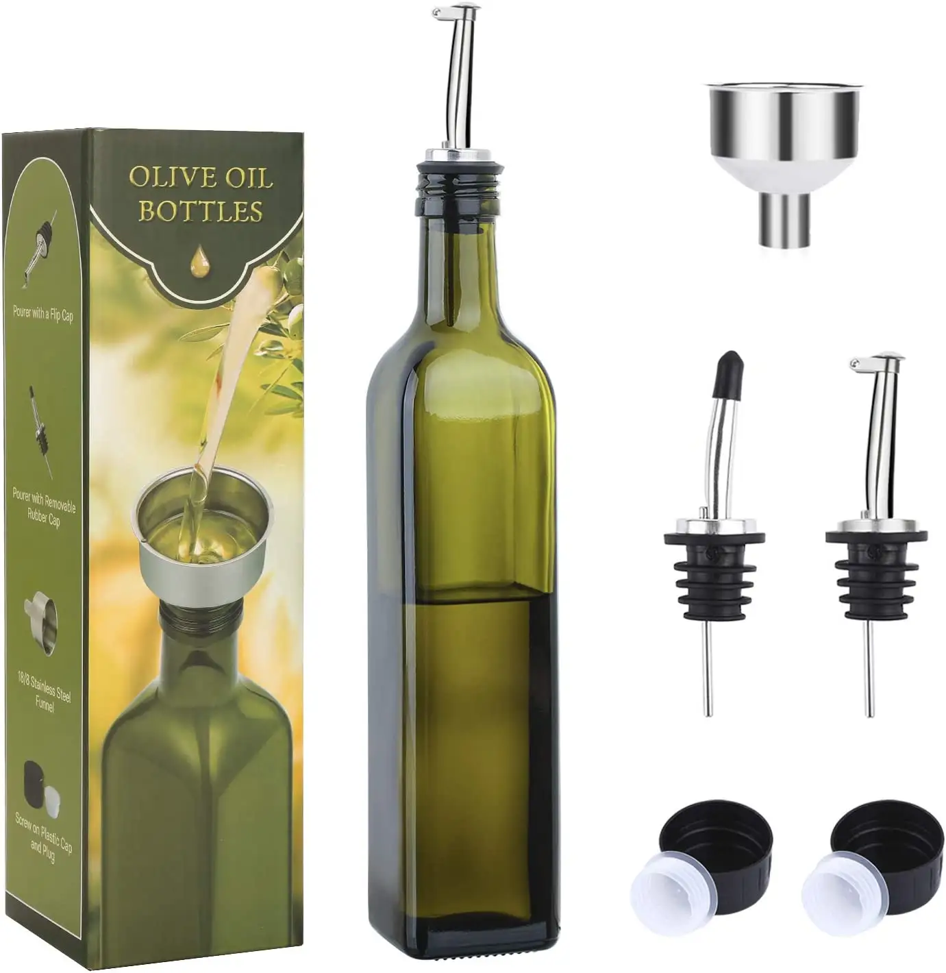 Distributeur de bouteille d'huile d'olive en verre de 17OZ 500 ml huile verte et vinaigre Cruet avec verseurs et entonnoir huile d'olive Carafe décanteur