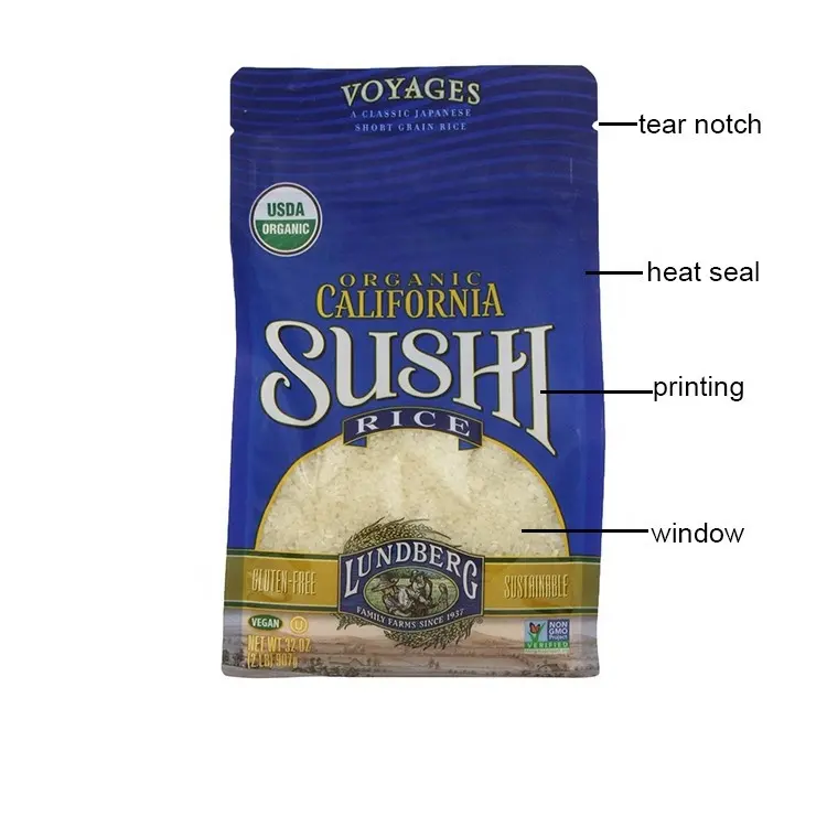 Jenis produk makanan berkualitas tinggi dan tas kemasan klasik tas beras jasmine dengan pegangan/kantong nasi plastik 1kg 3kg 5kg