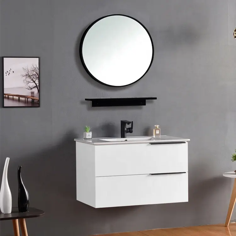 Beyaz duvar asılı Vanity banyo dolabı banyo setleri rustik ahşap banyo Vanity ile lavabo