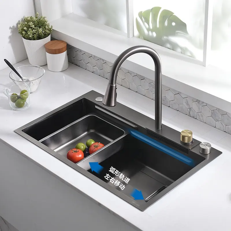 Fregadero de cocina de lujo de acero inoxidable 304, doble cuenco, pantalla digital para lavado con grifo de cocina, nuevo diseño
