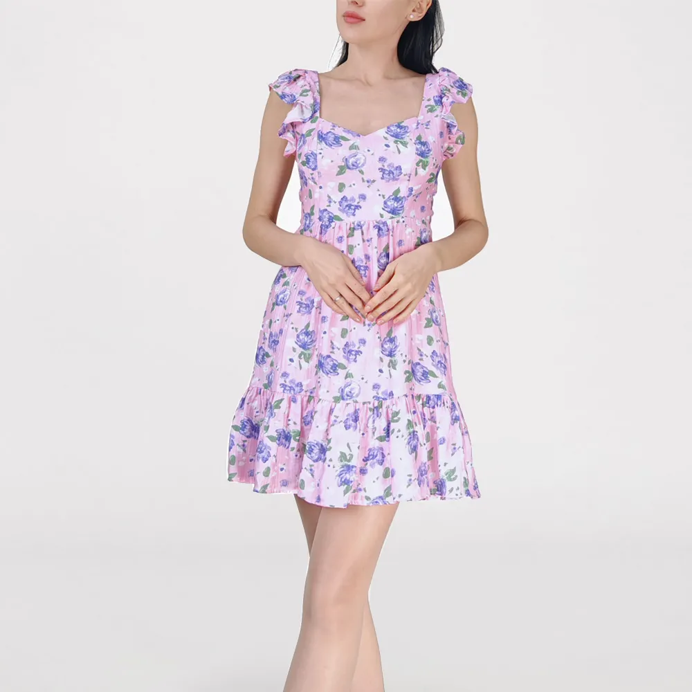 Fiore viola sexy senza schienale mini modesto vestito femminile A linea bella stoffa alla moda eleganti abiti floreali con fiocco