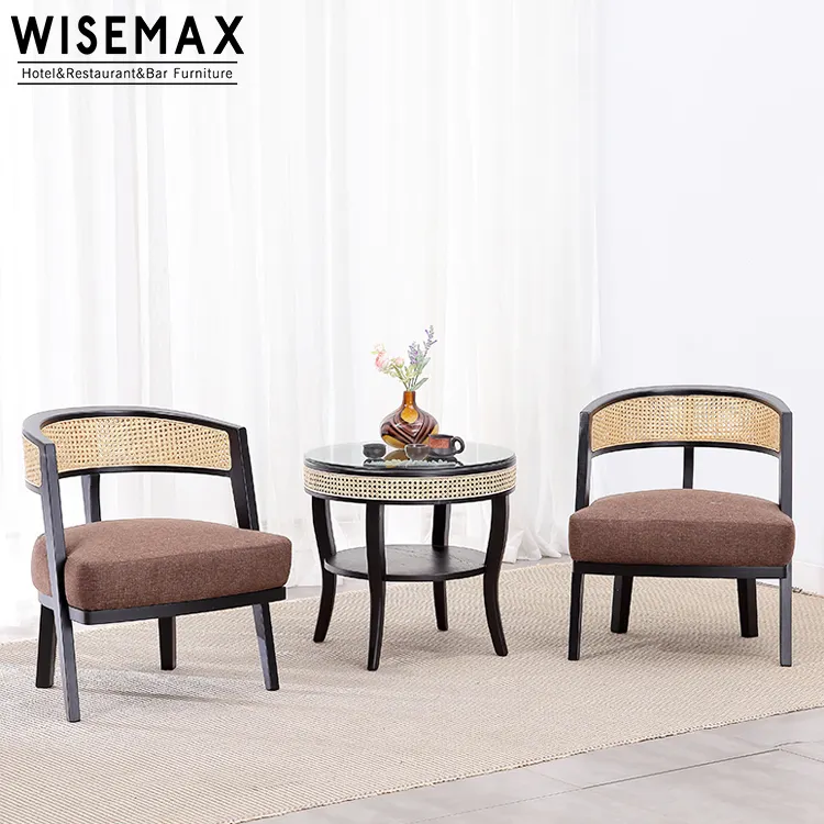 WISEMAX perabot minimalis kayu padat anyaman rotan kursi santai meja kopi Set untuk ruang tamu ruang tamu Hotel furnitur