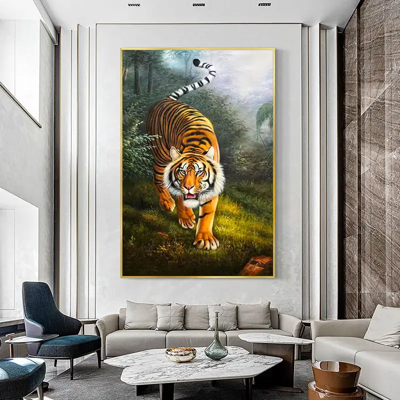 Profesional 100% Animal pintado a mano de foto pintura tigre en el bosque foto pared arte oro enmarcado decoración del hogar