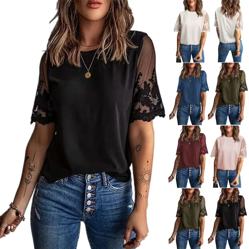 W5434 New Arrival Factory Selling Summer New Ladies Round Neck Short Sleeve Top Lace Chiffon Shirt Casual T-Shirt Blouse