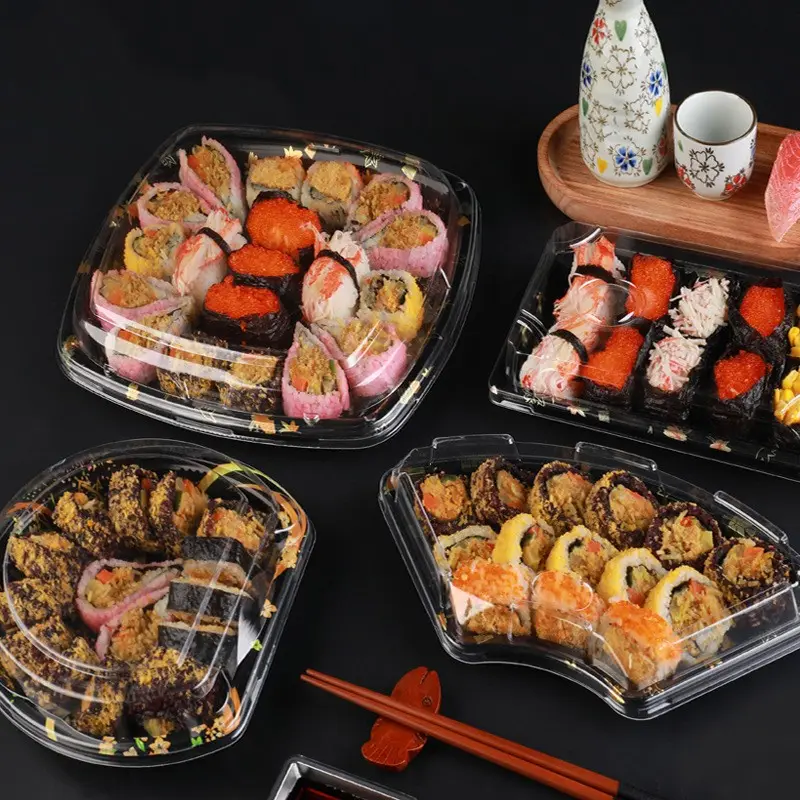 Bento Takeaway Packaging Takeout Sushi Tray Luxury Plastic Round Square Shape Sushi Tray with Lid Party Snacks Serving Platter