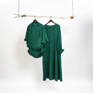 EIDラマダン無地<span class=keywords><strong>2</strong></span>ピースフリルエッジ<span class=keywords><strong>Khimar</strong></span>祈りアバヤセット卸売ジルバブイスラム教徒女性ドレス