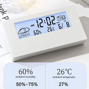 Hot Selling Elektronischer <span class=keywords><strong>LCD</strong></span>-Wecker mit Temperatur Luft feuchtigkeit Zeitanzeige Glühendes Wetter <span class=keywords><strong>Display</strong></span> Transparentes Gehäuse