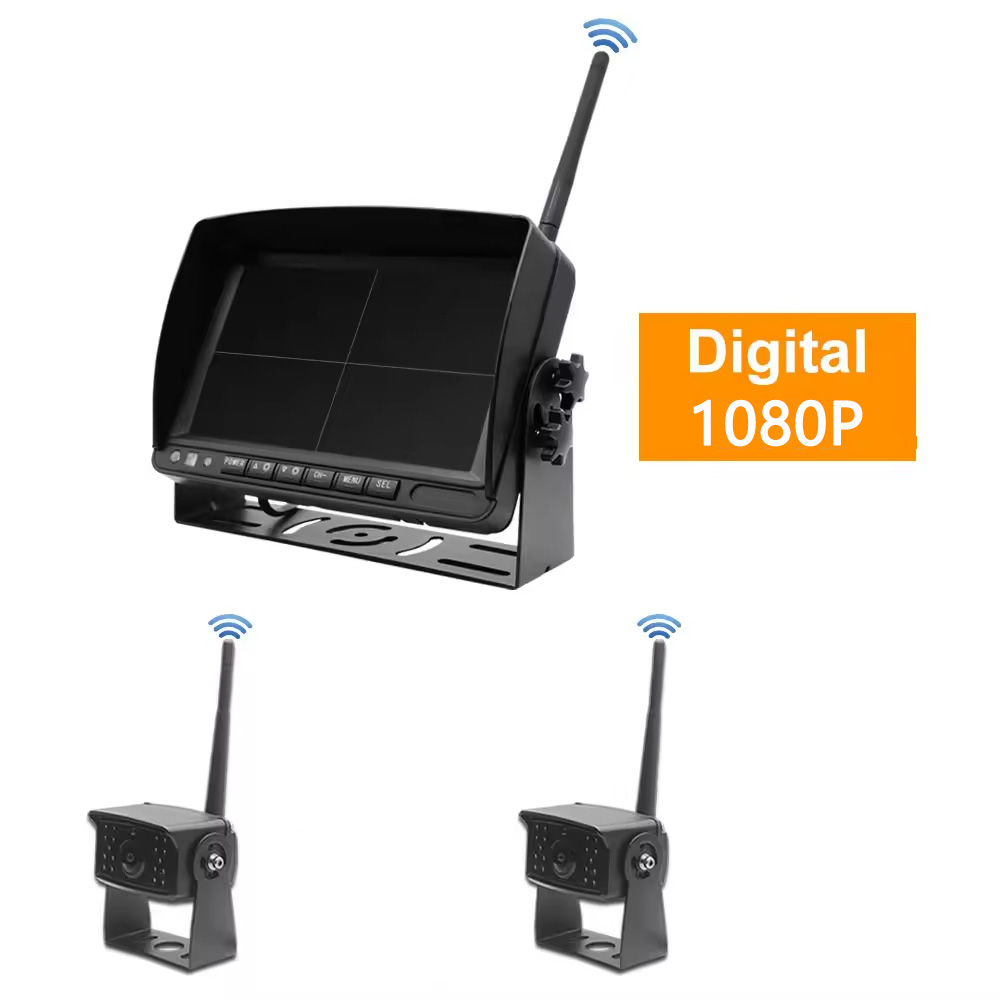 Schermo doppio da 7 pollici + 2 telecamere di retromarcia wireless