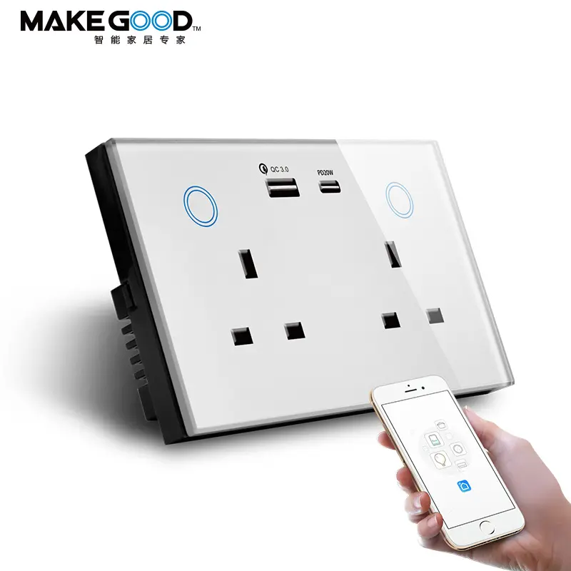 Interruptor de luz de salida directa de fábrica Makegood, interruptor de pared estándar del Reino Unido, enchufe USB tipo C, interruptor de pared eléctrico estándar del Reino Unido Tuya