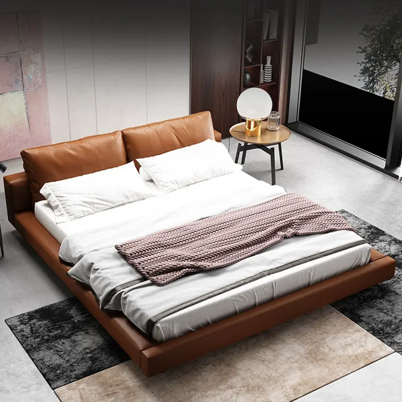 B02 luxury modern design bedroom furniture set leather fabric cover wood frame king size bed for double with mattress