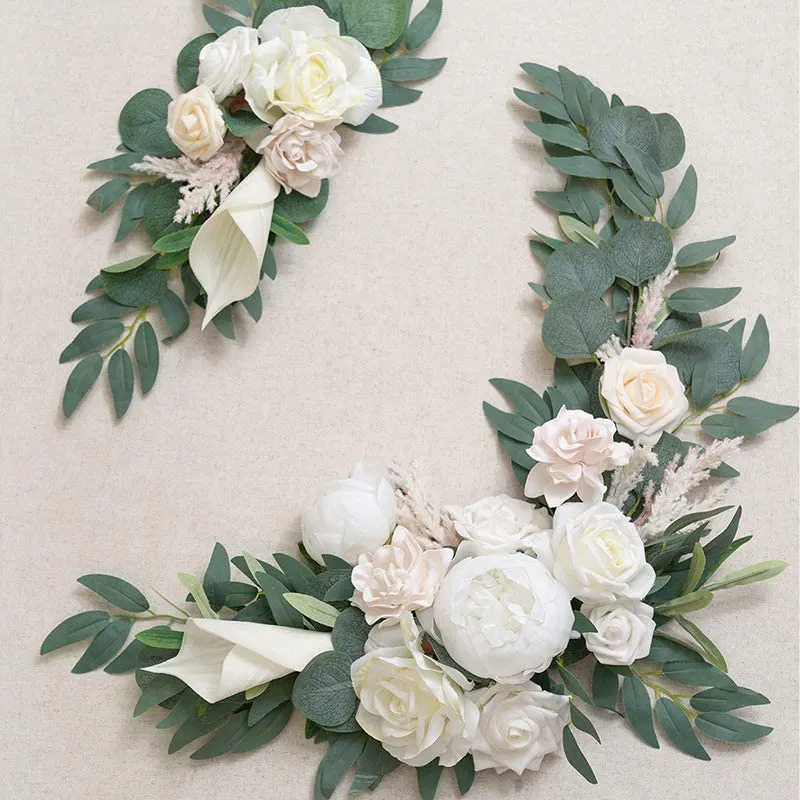 Arche de mariage, toile de fond, roses blanches, fleurs artificielles, composition de fleurs de sauge de printemps pour mariage, signe de bienvenue