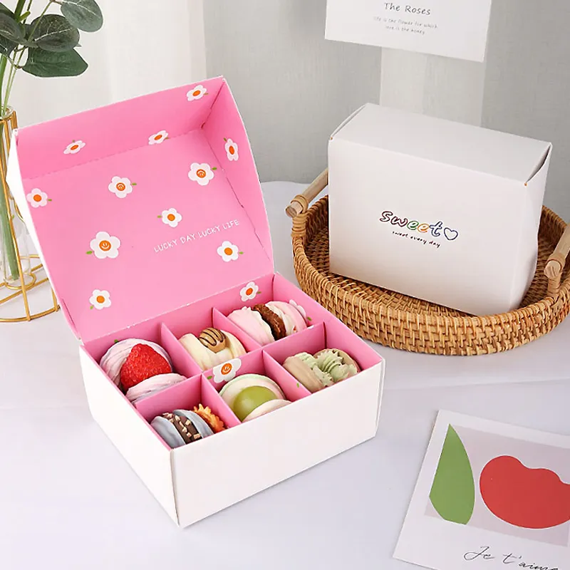 Emballage avec logo personnalisé de luxe, 50 pièces, emballage de biscuits, macaron à dessert rose coréen, boîtes cadeaux, 6 paquets