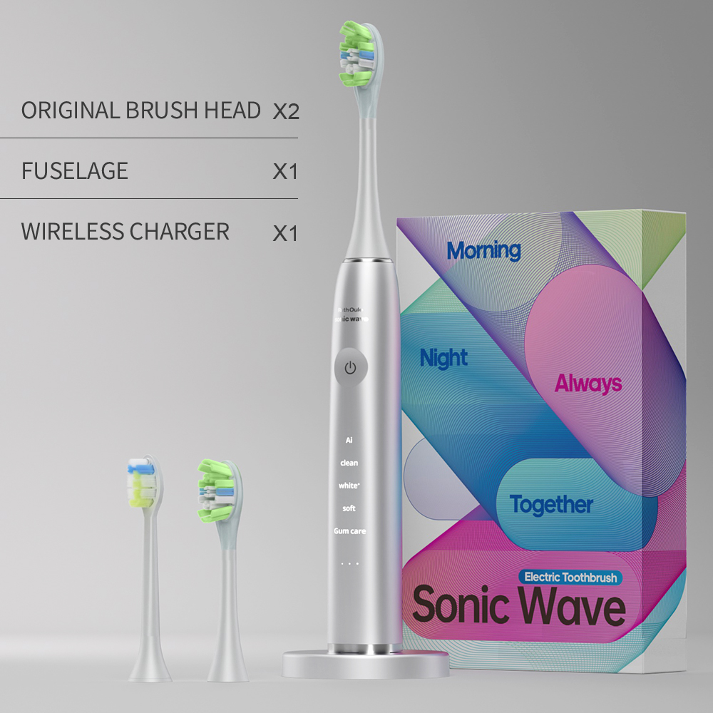 Corps argenté + deux têtes de brosse + chargeur sans fil