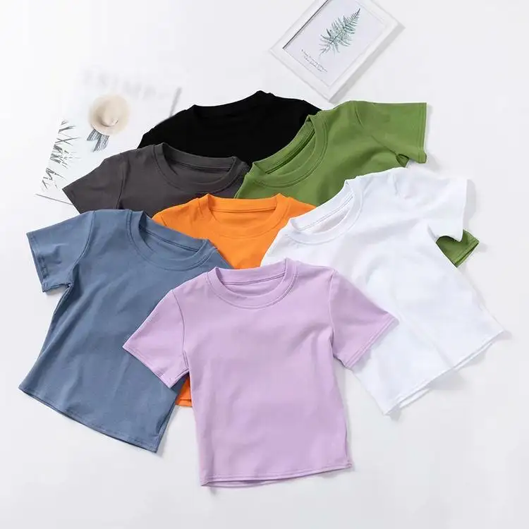 New Style Popular 100%Cotton Girl Women T shirt Street Wear Custom Logo 3d Puff Print Solid Color Crop Top Ladies T Shirt