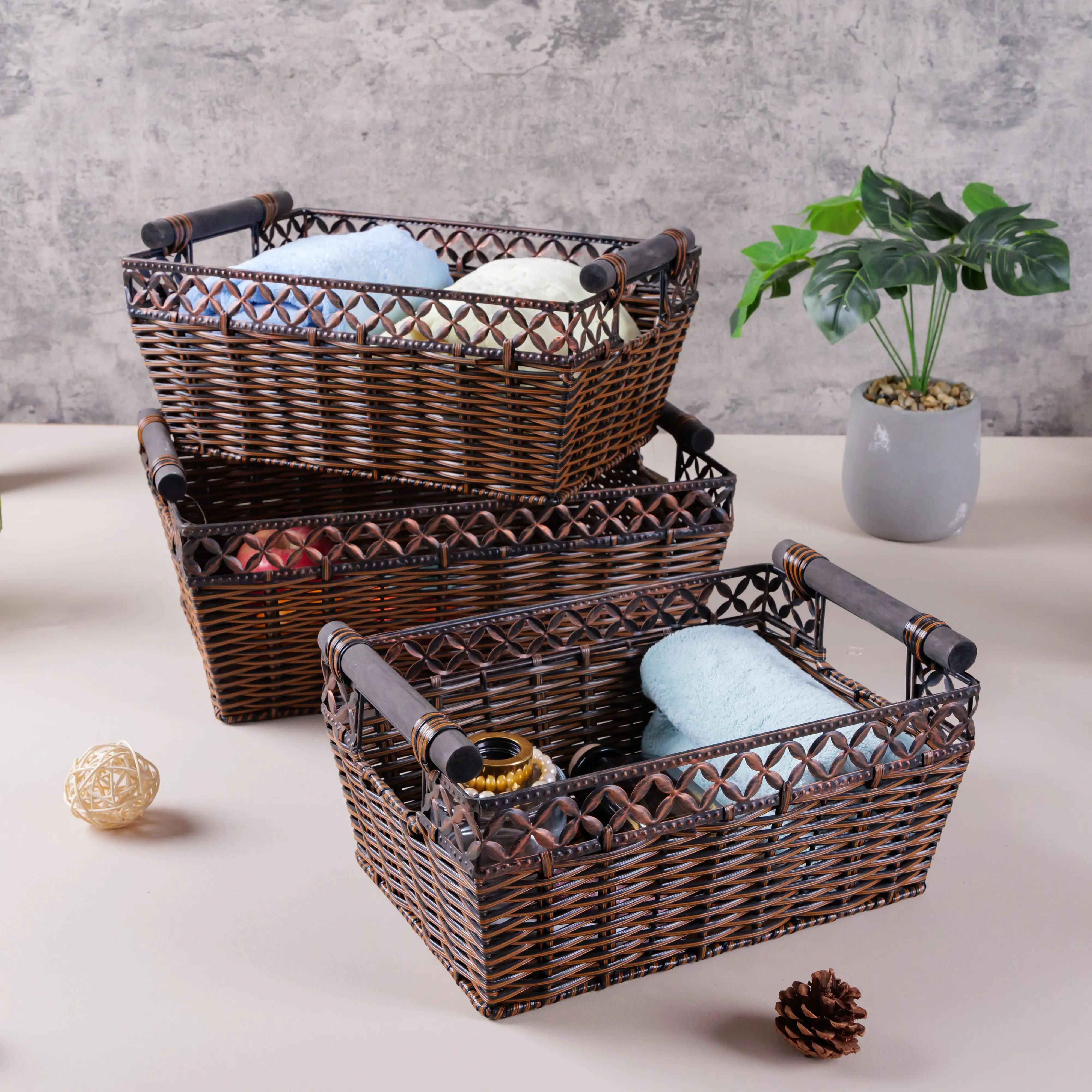 Multifunctional Book Wire Mesh Iron Framed Square Hand-woven Wicker with Handle Storage Basket Sustainable