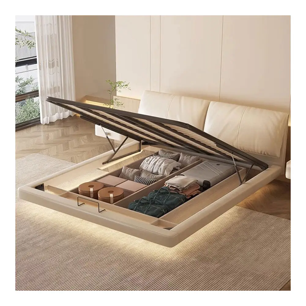 Cama de cuero con suspensión de lujo ligera, juegos de dormitorio de apartamento pequeño, cama inteligente de almacenamiento de caja alta Doble