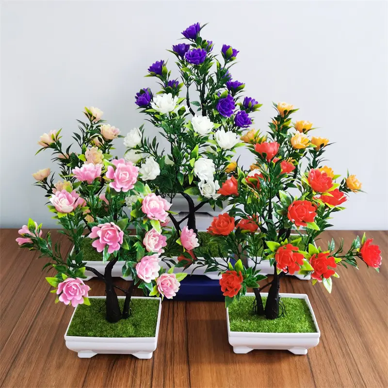 Artificial Flower Plant Rose Potted Bonsai Office Garden Desktop Ornament Decor Artificial Flowers in Pot For Home Decor