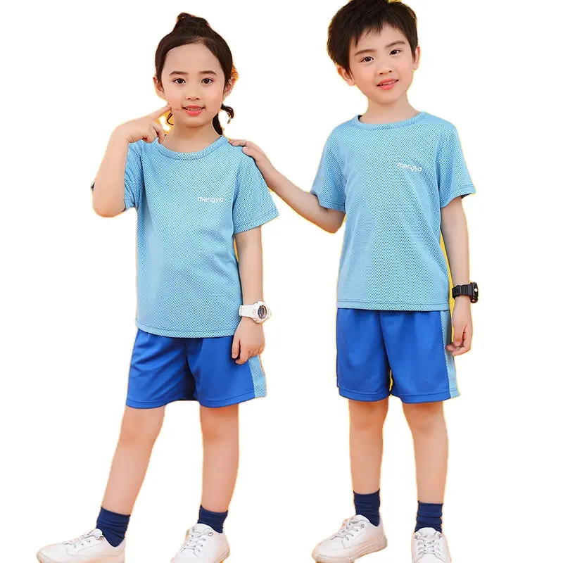 Оптовая продажа, детская синяя сетчатая быстросохнущая футбольная одежда из 100% полиэстера, Комплект футболок