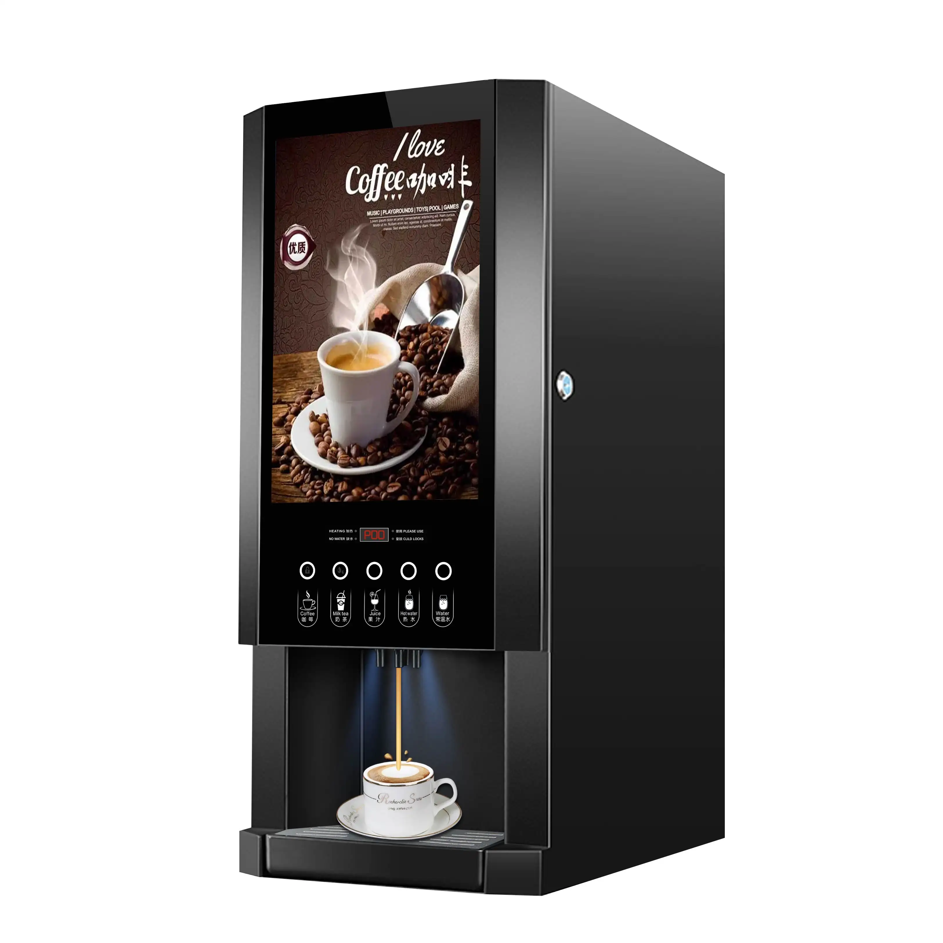 E30SW süt çay otomat otomatik çözünebilir kahve makinesi ticari kahve makinesi satılık LED ışık kutusu reklam