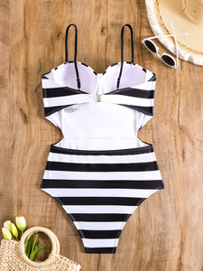 Stok şerit baskı balenli Push up mayo kadınlar iki adet mayo plaj Cover up Sarong - Product Image 3