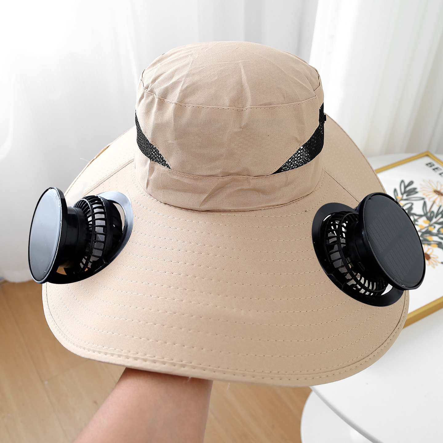 Solar-powered dual fan-light khaki