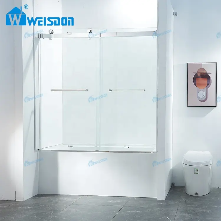 Weisdon Personalizado Vidro Temperado Aço Inoxidável Frameless Deslizante Porta De Banheira De Chuveiro De Banheiro