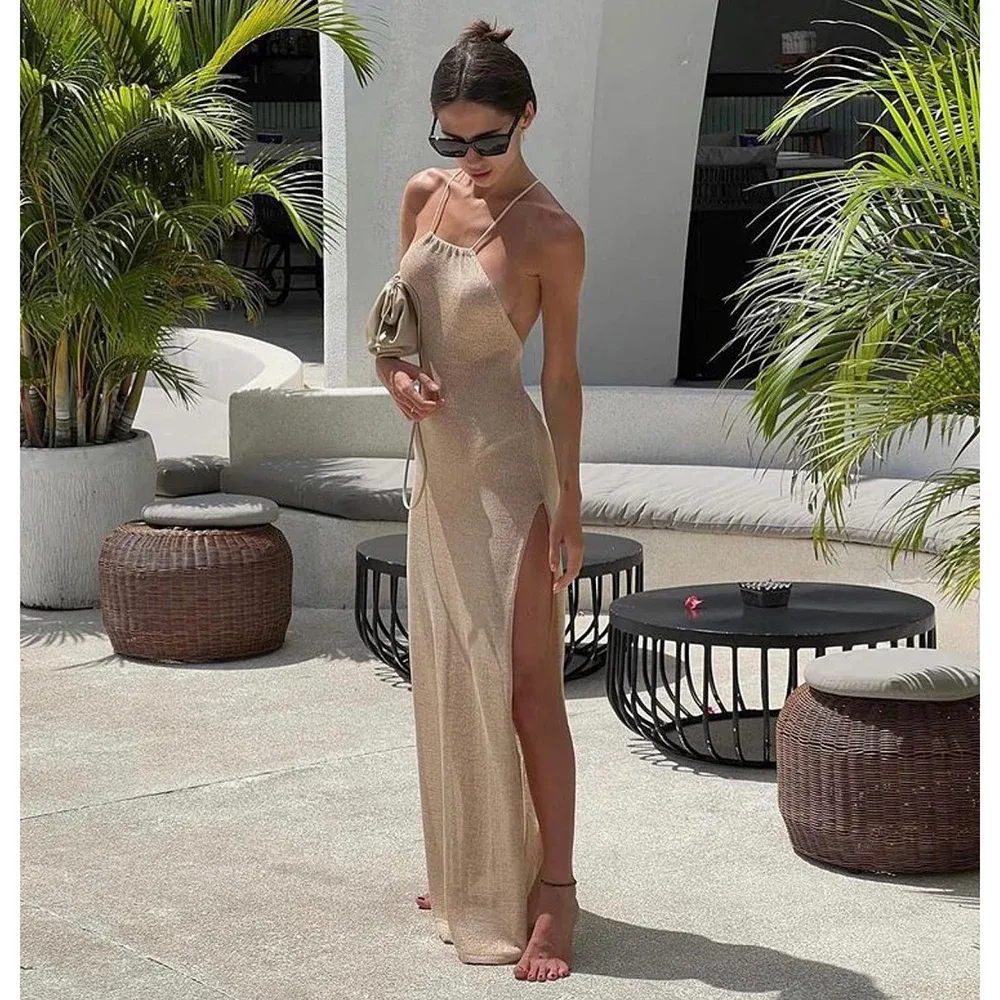 Costume da bagno da 2024 donna Kint Cover Up da spiaggia Sexy trasparente con Maxi spacco vestito estivo copricostume eleganti