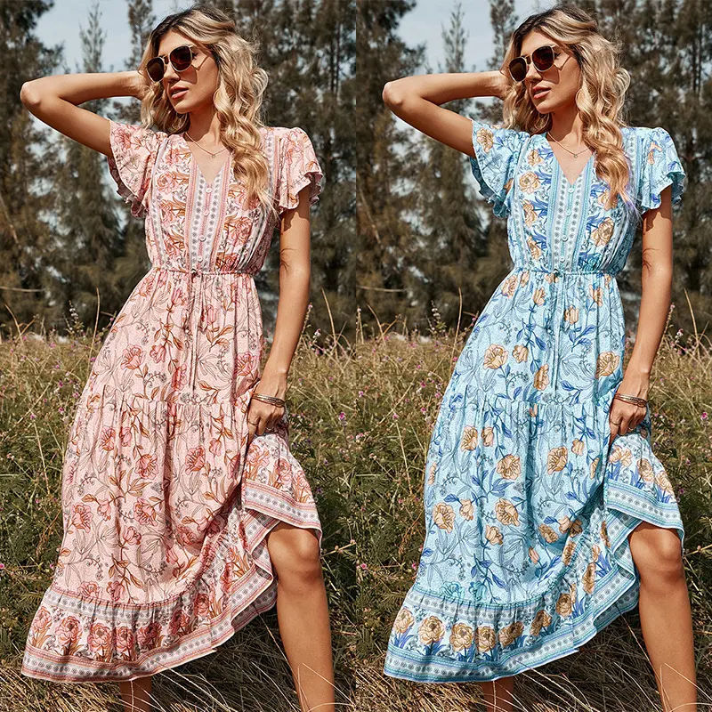 2022 Wholesale Custom Boho dress womens fashion bohemian spring dresses clothing ladies summer for women