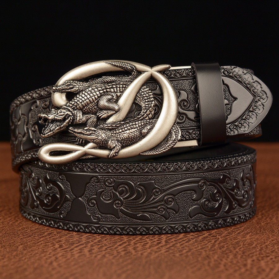 Tang grass pattern black double crocodile silver buckle-110cm