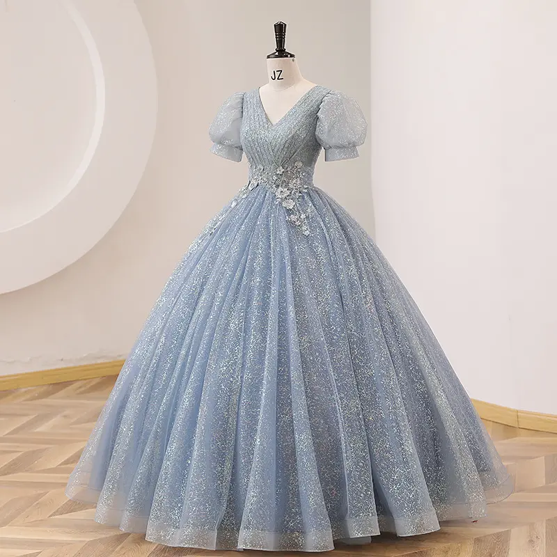 2023 lấp lánh màu xanh quinceanera Dresses đẹp V cổ bóng áo choàng prom Dresses dài chính thức buổi tối mặc phù dâu hàng năm bên đầm