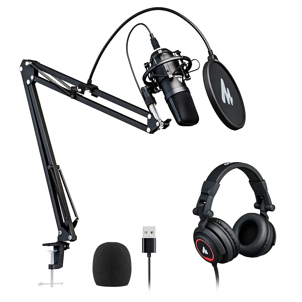 MAONO-Kit de Microphone cardioïde à condensateur, avec casque pliable, Studio