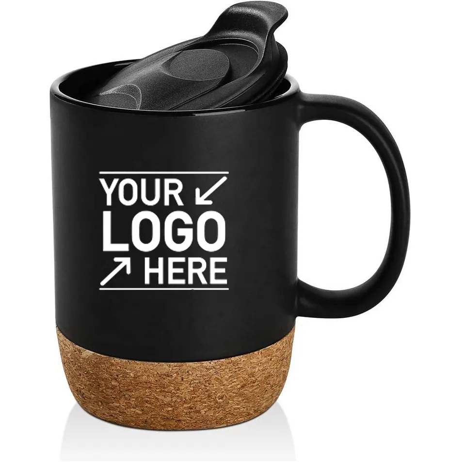 Tasse à café en céramique mate avec Base en liège, Logo personnalisé, mat, blanc, noir, avec couvercle, 15oz