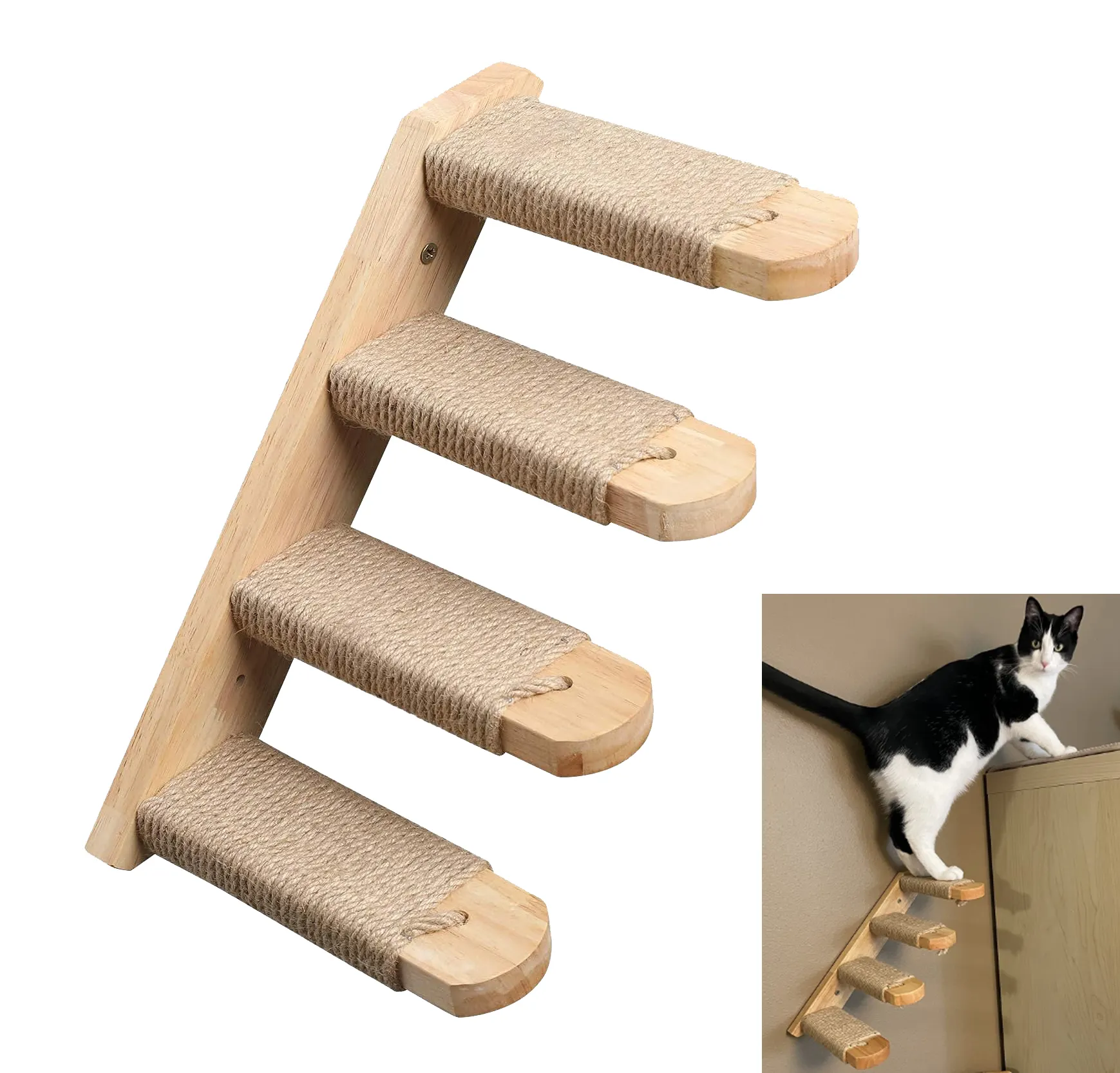 Prateleira de escalada para gatos montada na parede de madeira maciça de alta qualidade personalizada de fábrica com escada de borracha para gatos de madeira de quatro degraus para arranhar de juta