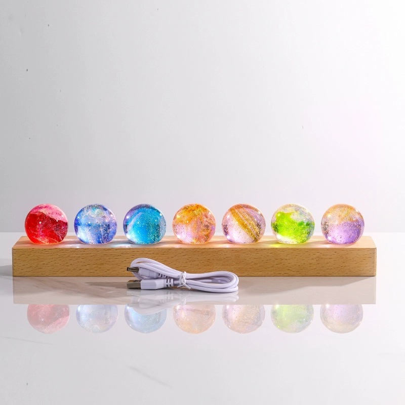 7 bolas de cristal + base larga de madera de caucho