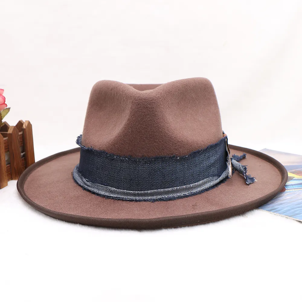 Personalizado al por mayor Vintage estilo británico hombres de ala ancha de lana Panamá sombrero marrón West sombreros de fieltro de vaquero