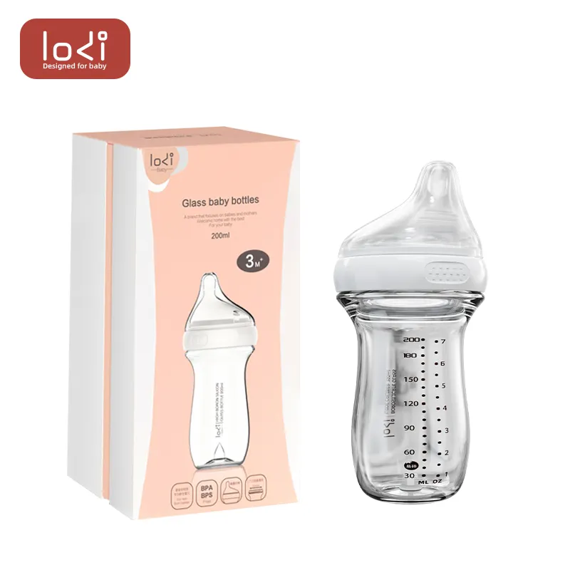 Botella de vidrio de borosilicato de calibre ancho Botella de alimentación de leche de doble escape con desviación del pezón de silicona central Bebé recién nacido