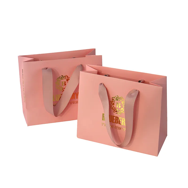 Роскошный розовый, оптовая продажа, подарочный бумажный пакет, сумки для покупок с логотипом, ленточная ручка, перерабатываемая подарочная упаковка для подарочных украшений