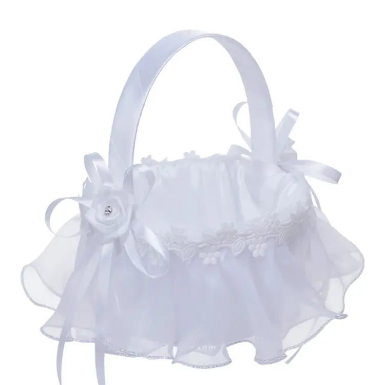 Haute qualité dentelle blanche mariage mariée fleur fille panier rond européen fleur panier pour accessoires de mariage