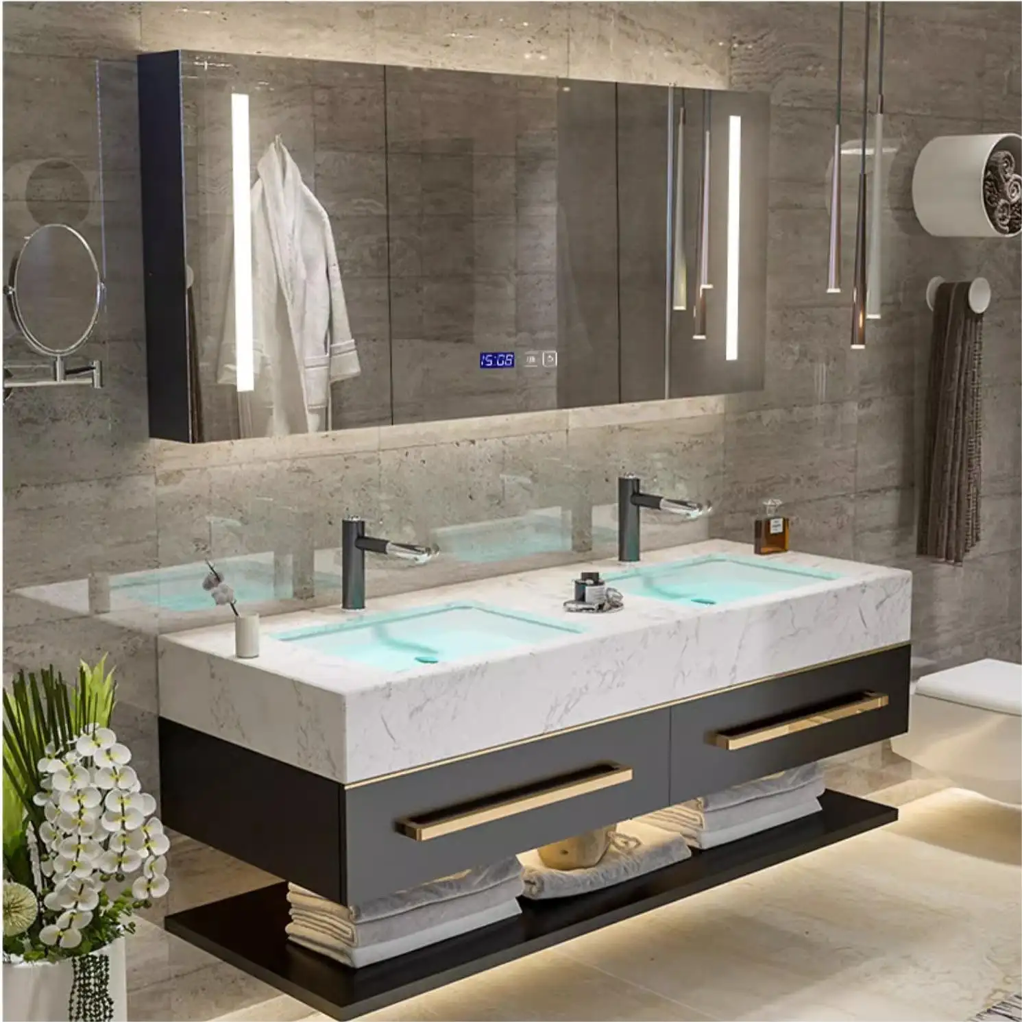 Set di vanità bagno in legno a parete moderno europeo con doppio lavabo, lavabo