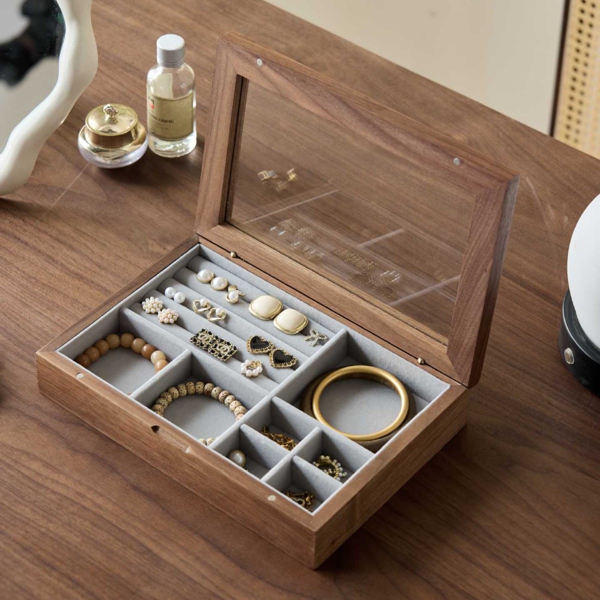 Glass-lid premium gray walnut jewelry box