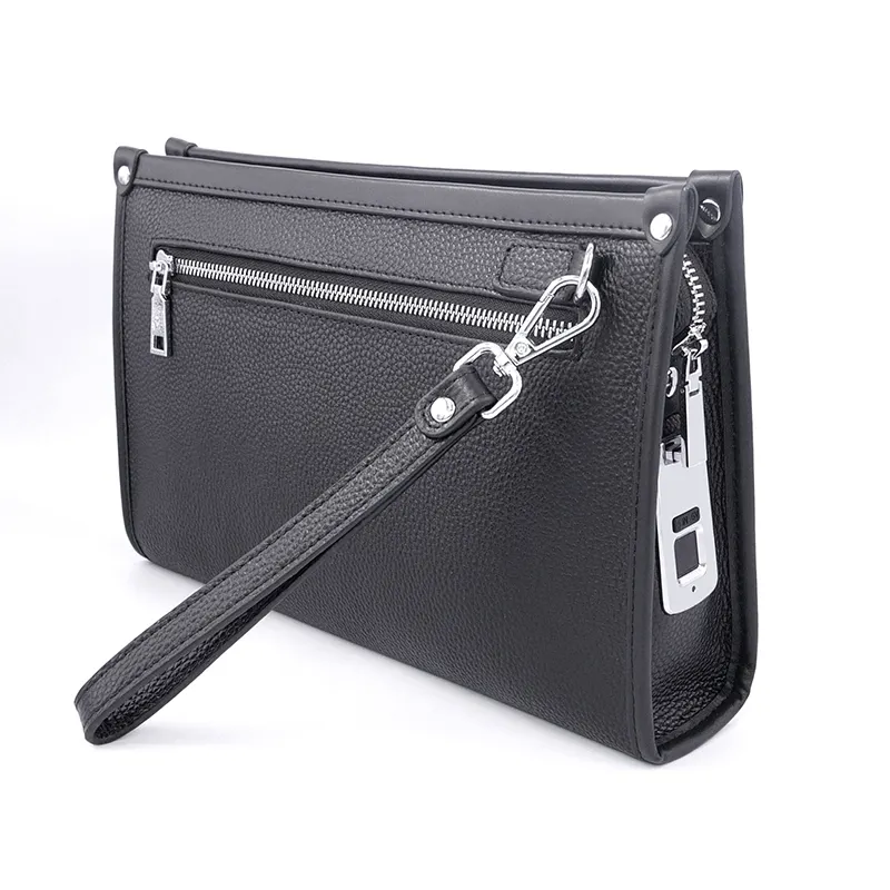 Vingerafdruk Slot Echte Koe Lederen Zakenlieden Privacy Keeper Handtas Vingerafdruk Smart Systeem Oplaadbare Heren Clutch Tas